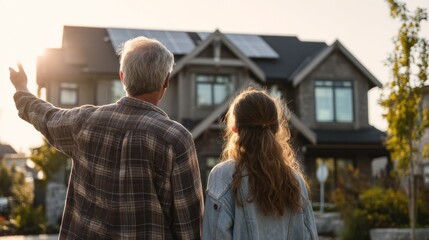Fototapeta premium Father and daughter seen from behind, standing in front of a suburban house with solar panels, father gesturing proudly, clean neighborhood, warm sunlight, sustainable family living