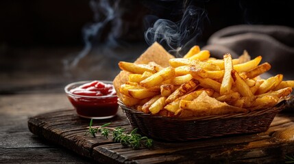 Golden crispy French fries in a basket on old wooden surface, visible curls of smoke, side of ketchup and herbs, moody lighting for food advertisement