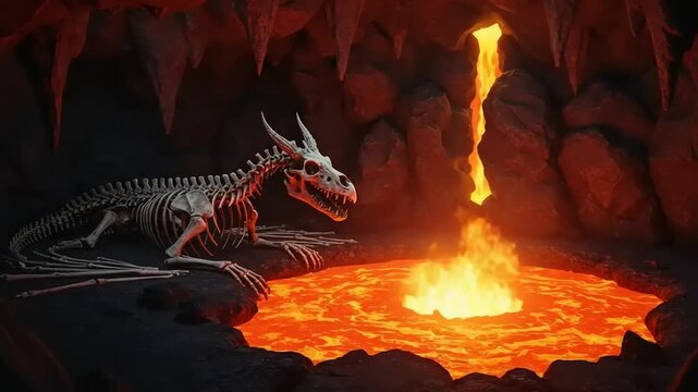 A skeletal dragon rests beside a glowing lava pool in a dark, cavernous environment