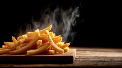 Minimal composition of hot French fries on clean wooden surface, smoke rising softly, dark background with soft directional light, premium food aesthetic