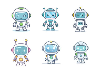Friendly Cute Robot Icon Set | Cartoon Vector Robot Head Character Collection | Colorful Front View Robot Face Icon for App Game Web Sticker and Digital Decoration Design