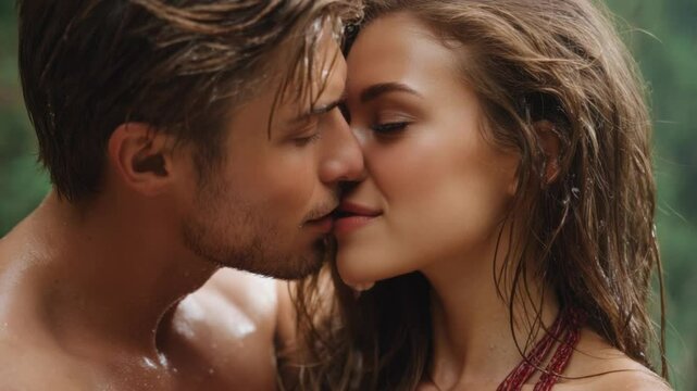 Romantic Embrace in Nature: A passionate embrace between a couple in a lush, natural setting, their faces inches apart, evoking feelings of intimacy, love, and connection.