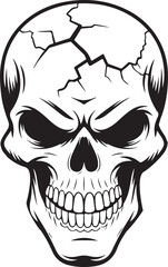 Cracked Skull silhouette, Horror Tattoo Design, Grunge Skeleton Art | Detailed Black and White Skull Illustration With a Cracked Forehead Design