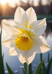 A sprig of beautiful white and yellow flowers on sunny day