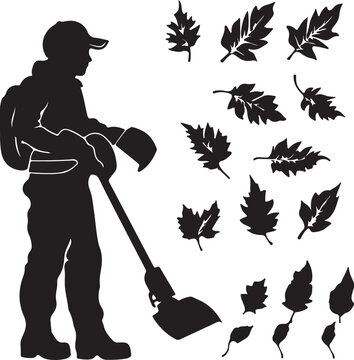 Silhouette Illustration: Man Using Leaf Blower to Clear Autumn Leaves - Yard Work, Fall Season, Gardening, Vector Graphic, Black and White