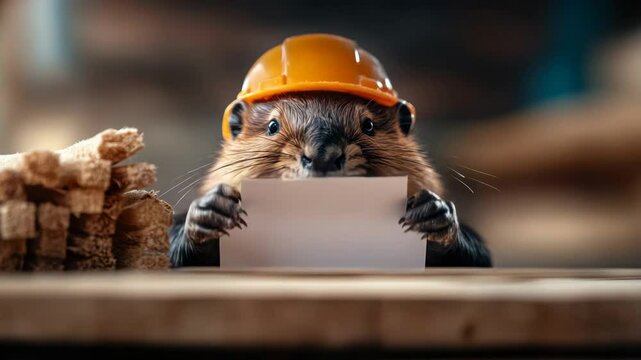 Small brown squirrel wearing a hard hat and holding a piece of paper. Concept of humor and playfulness, as the squirrel is dressed up like a construction worker