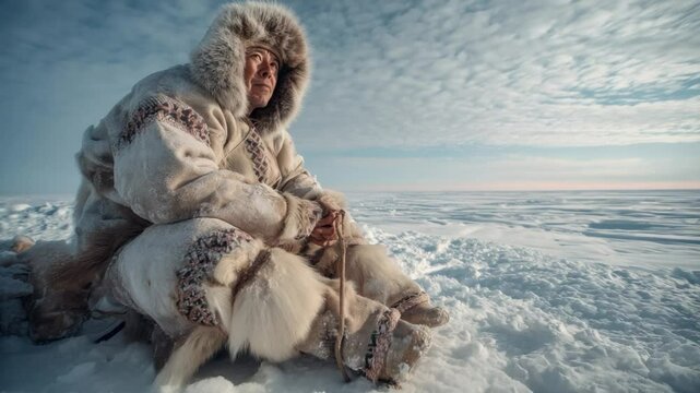 Eskimo's bond: A person wrapped in traditional fur clothing and their dog, against a backdrop of an arctic landscape, a testament to the bond between person and animal. 