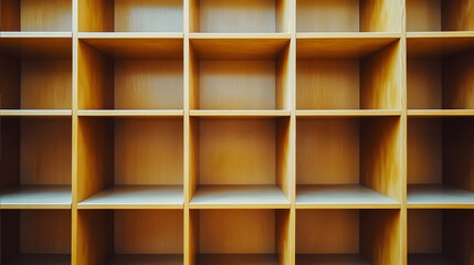 A scene of an empty bookshelf with many rectangular partitions