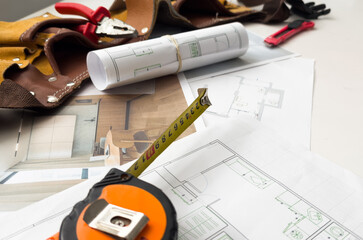 Architectural engineering design plan drawing on the table. Architect's work on table in studio....