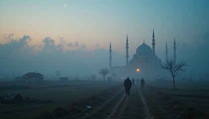 Obraz premium A serene pre-dawn rural village scene on Eid al-Adha, with mist rising over fields, villagers in traditional attire walking to the mosque, crescent moon faintly visible in the sky, warm prayer lamps