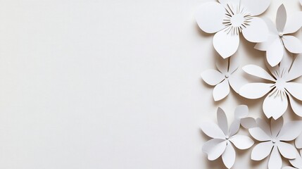 White paper flowers border, flat lay, minimalist design, for invitation, greeting card, or social media