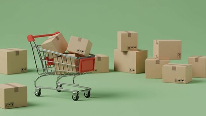 Online Shopping Cart with Cardboard Boxes E-commerce and Delivery Concept