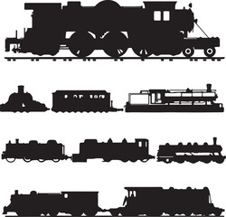 Obraz premium Vintage Train Silhouette Collection: Steam Engine, Passenger Car & Locomotive Vector Graphics for Transportation History & Design Projects