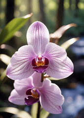 Create a beautiful purple and white flower with blurred background