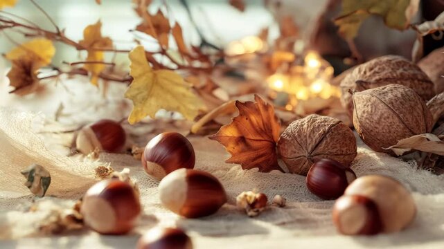 A pile of nuts and leaves on a table. The nuts are walnuts and the leaves are yellow