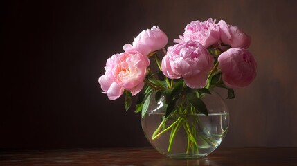 Fototapeta premium Elegant Pink Peonies in Glass Vase - Dark Moody Photography