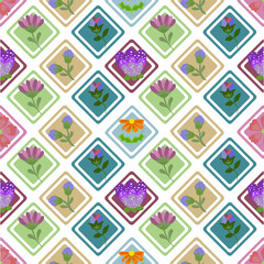 A seamless floral pattern featuring various stylized flowers in diamond-shaped frames. The design uses a soft pastel color palette with gentle greens, blues, pinks, and purples. Ideal for spring-theme