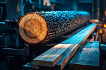 Wooden log being processed in a sawmill
