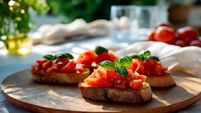 A close-up shot of fresh bruschetta with tomatoes, basil, and olive oil on rustic bread, set on a wooden board, with a blurred background of tomatoes and greenery.