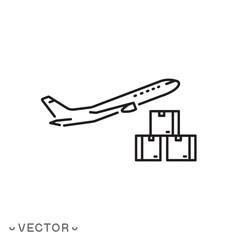 delivery plane icon, transport platform for fly shipping, air freight logistic, aircraft with cargo boxes concept, thin line symbol isolated on white background, editable stroke eps 10 vector