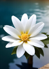 A beautiful white and yellow flower on the edge of lake