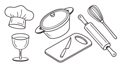 Line Art Illustration Of Kitchen And Cooking Utensils Including Chef Hat Pot Whisk Rolling Pin Cutting Board Knife And Glass
