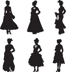 Victorian Era Women Silhouette Vector Art: Elegant Ladies in Vintage Dresses, Fashion Illustrations, Historical Costume Design, Retro Style Graphics
