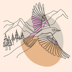 A stylized Mountain Bluebird soars gracefully above a scenic mountain valley, capturing the essence of freedom and natural beauty.
