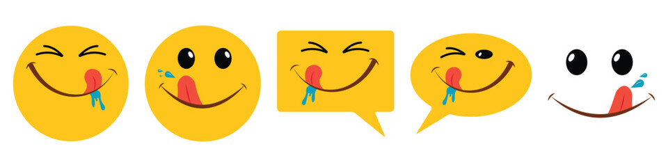Yummy smile face emoji icon vector set with tongue lick mouth. Yummy face smiley,  emoticon face icon delicious,  tasty emoji with saliva drops, tasty food symbol. Vector illustration.