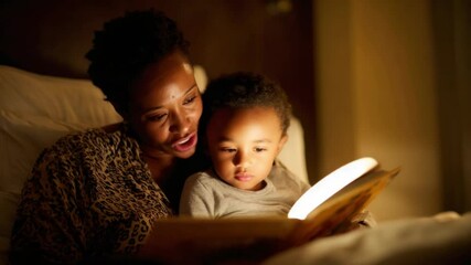 Bedtime Story: A tender scene unfolds as a mother and her child bond over a book, illuminated by the soft glow of lamplight, creating a moment of intimacy. - Powered by Adobe