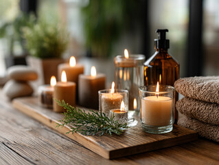 spa setting with a wooden table, lit candles, a bottle of essential oil, rolled towels, and greenery in a vase, creating a relaxing atmosphere.