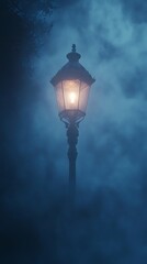 Fototapeta premium Illuminated vintage streetlamp warmly glows amidst dense atmospheric fog and misty deep blue night