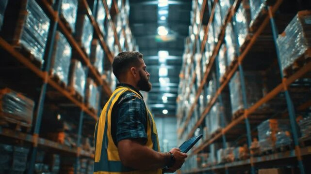 Warehouse Operations: A focused warehouse worker stands amid towering rows of stored goods, carefully reviewing inventory in a well-organized distribution center.