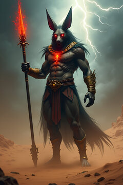Egyptian Storm God with Set Animal Head, Glowing Red Eyes, Storm-Cloud Tattoos, and Thunderous Spear in Sandstorm