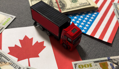 Tariff War shipping, trade and commerce concept with USA dollars, truck 