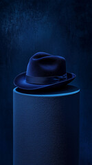 A navy blue hat in a front-facing angle, sitting on a studio pedestal 