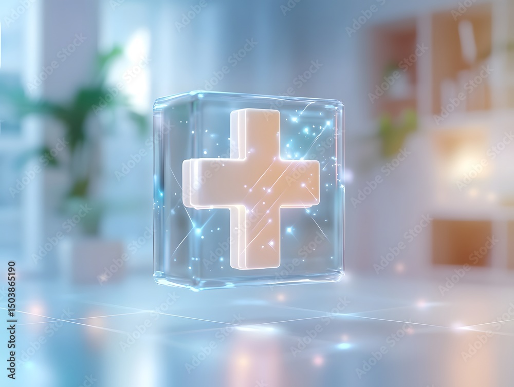 Poster digital plus sign icon with soft glow effect in modern setting