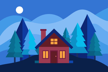 Winter mountain landscape with a cozy snow-covered house or village, perfect for a Christmas illustration or icon
