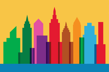 Obraz premium Colorful vector city skyline illustration with urban building architecture and growth concept