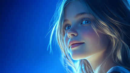 A passionate young girl with a soft and genuine smile, slightly tilting her head, her hair illuminated by the light .