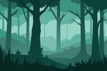 Dark, misty morning light illuminates a serene forest path through fog-laden trees