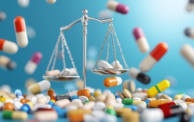 Silver balance scale with assorted pills on blue background, symbolizing justice in pharmaceutical and drug law.