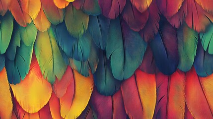 Seamless texture showing layered parrot feathers in bright tones, ideal for bold surface decoration and textile design.