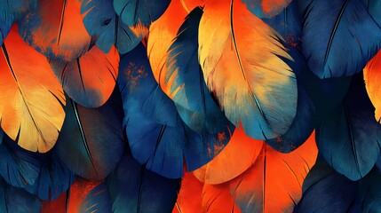 Seamless texture showing layered parrot feathers in bright tones, ideal for bold surface decoration and textile design.