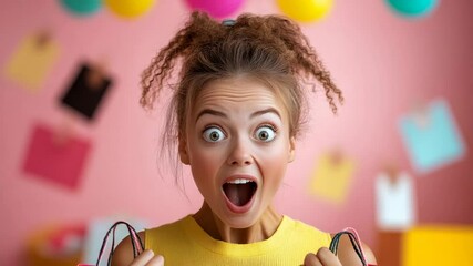 Woman in a yellow shirt is holding two shopping bags and has her mouth open. Concept of excitement and anticipation, as if the woman is about to reveal a big purchase or surprise