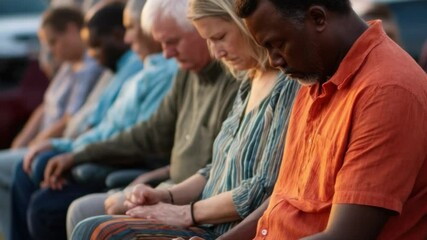 Prayer and Reflection: A diverse group of individuals of different races and ages are bowed their heads in prayerful reflection and spiritual connection, representing unity in faith and community. 