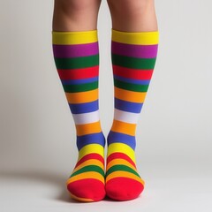 pride month concept. Colorful striped socks worn by a person standing.