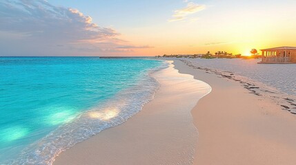 Scenic Beach with Golden Sand and Azure Sea Waves at Sunset