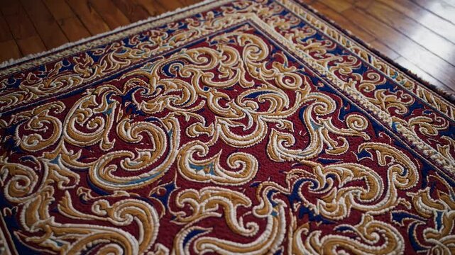 Close-up video angle of an ornate, vintage-style carpet with intricate gold and red patterns, highlighting texture and craftsmanship.