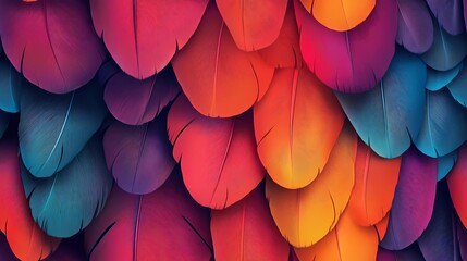 Seamless texture showing layered parrot feathers in bright tones, ideal for bold surface decoration and textile design.